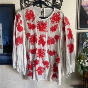 Floral Embroidered Women's Top - Red and White